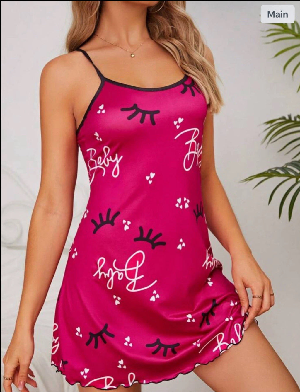 Large Eyelash & Letter Graphic Lettuce Trim Cami Pajama Nightdress