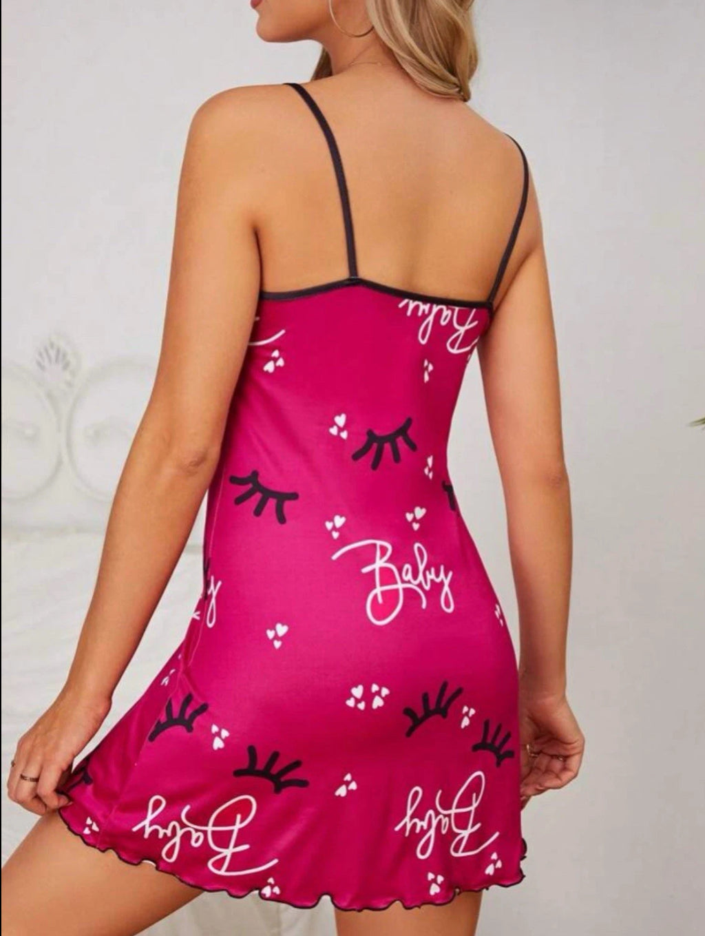 Large Eyelash & Letter Graphic Lettuce Trim Cami Pajama Nightdress