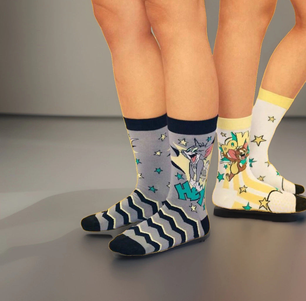 Tom & Jerry 2 Pair Pack Unisex Novelty Crew Socks Size 6-12 NEW Warner Bros