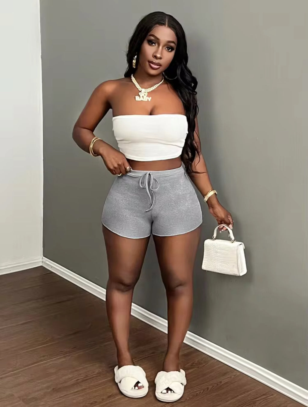 Slaydiva Casual Basic Simple Home Waves Lace Trim Slim Solid Women Shorts